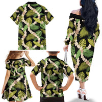 Black Hawaii Plumeria Lei With Tropical Leaves Family Matching Off The Shoulder Long Sleeve Dress and Hawaiian Shirt