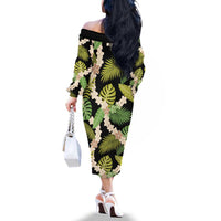 Black Hawaii Plumeria Lei With Tropical Leaves Family Matching Off The Shoulder Long Sleeve Dress and Hawaiian Shirt