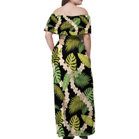 Black Hawaii Plumeria Lei With Tropical Leaves Family Matching Off Shoulder Maxi Dress and Hawaiian Shirt