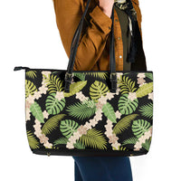 Black Hawaii Plumeria Lei With Tropical Leaves Leather Tote Bag LT14 - Polynesian Pride