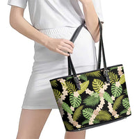 Black Hawaii Plumeria Lei With Tropical Leaves Leather Tote Bag LT14 - Polynesian Pride