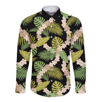 Black Hawaii Plumeria Lei With Tropical Leaves Long Sleeve Button Shirt LT14 Unisex Black - Polynesian Pride