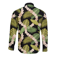 Black Hawaii Plumeria Lei With Tropical Leaves Long Sleeve Button Shirt LT14 - Polynesian Pride