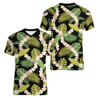 Black Hawaii Plumeria Lei With Tropical Leaves Women V-Neck T-Shirt LT14 - Polynesian Pride