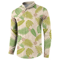 Beige Hawaii Plumeria Lei With Tropical Leaves Button Sweatshirt LT14 - Polynesian Pride