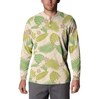 Beige Hawaii Plumeria Lei With Tropical Leaves Button Sweatshirt LT14 - Polynesian Pride