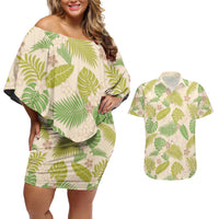 Beige Hawaii Plumeria Lei With Tropical Leaves Couples Matching Off Shoulder Short Dress and Hawaiian Shirt