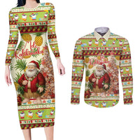 Hawaiian Santa Aloha Pineapple Christmas Couples Matching Long Sleeve Bodycon Dress and Long Sleeve Button Shirt Mele Kalikimaka - Polynesian Pride
