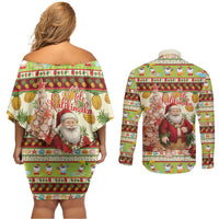 Hawaiian Santa Aloha Pineapple Christmas Couples Matching Off Shoulder Short Dress and Long Sleeve Button Shirt Mele Kalikimaka - Polynesian Pride