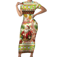 Hawaiian Santa Aloha Pineapple Christmas Short Sleeve Bodycon Dress Mele Kalikimaka LT15 Long Dress Cream - Polynesian Pride