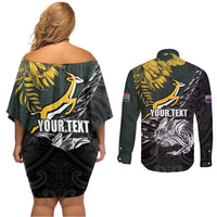 New Zealand and South Africa Rugby Personalised Couples Matching Off Shoulder Short Dress and Long Sleeve Button Shirt Maori Kiwi With Springboks