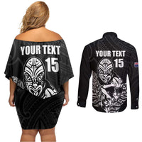 New Zealand Silver Fern Rugby Custom Couples Matching Off Shoulder Short Dress and Long Sleeve Button Shirt Maori Tiki Black Version