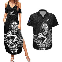 New Zealand Silver Fern Rugby Custom Couples Matching Summer Maxi Dress and Hawaiian Shirt Maori Tiki Black Version