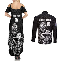 New Zealand Silver Fern Rugby Custom Couples Matching Summer Maxi Dress and Long Sleeve Button Shirt Maori Tiki Black Version