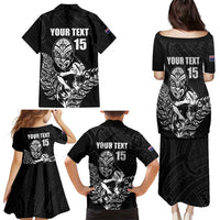 New Zealand Silver Fern Rugby Custom Family Matching Puletasi and Hawaiian Shirt Maori Tiki Black Version