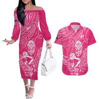 New Zealand Silver Fern Rugby Custom Couples Matching Off The Shoulder Long Sleeve Dress and Hawaiian Shirt Maori Tiki Pink Version