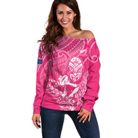 New Zealand Silver Fern Rugby Custom Off Shoulder Sweater Maori Tiki Pink Version