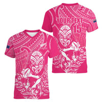New Zealand Silver Fern Rugby Custom Women V-Neck T-Shirt Maori Tiki Pink Version