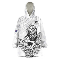 New Zealand Silver Fern Rugby Custom Wearable Blanket Hoodie Maori Tiki White Version