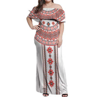 Bulgarian Embroidery Style Seamless Pattern Off Shoulder Maxi Dress