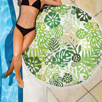 Green Aloha Hawaiian Beach Blanket Monstera Hibiscus Tropical Pattern
