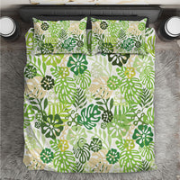 Green Aloha Hawaiian Bedding Set Monstera Hibiscus Tropical Pattern