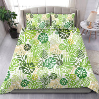 Green Aloha Hawaiian Bedding Set Monstera Hibiscus Tropical Pattern