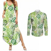 Green Aloha Hawaiian Couples Matching Summer Maxi Dress and Long Sleeve Button Shirt Monstera Hibiscus Tropical Pattern