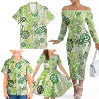 Green Aloha Hawaiian Family Matching Off The Shoulder Long Sleeve Dress and Hawaiian Shirt Monstera Hibiscus Tropical Pattern