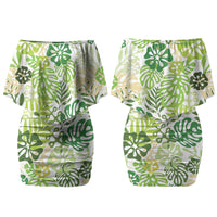 Green Aloha Hawaiian Family Matching Off Shoulder Short Dress and Hawaiian Shirt Monstera Hibiscus Tropical Pattern