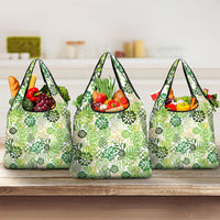 Green Aloha Hawaiian Grocery Bag Monstera Hibiscus Tropical Pattern