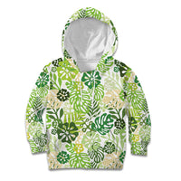 Green Aloha Hawaiian Kid Hoodie Monstera Hibiscus Tropical Pattern