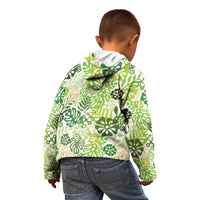 Green Aloha Hawaiian Kid Hoodie Monstera Hibiscus Tropical Pattern