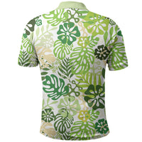 Green Aloha Hawaiian Polo Shirt Monstera Hibiscus Tropical Pattern