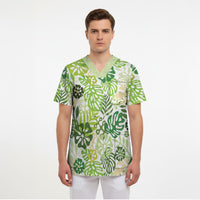 Green Aloha Hawaiian Scrub Top Monstera Hibiscus Tropical Pattern