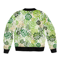 Green Aloha Hawaiian Sleeve Zip Bomber Jacket Monstera Hibiscus Tropical Pattern