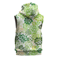 Green Aloha Hawaiian Sleeveless Zip Hoodie Monstera Hibiscus Tropical Pattern