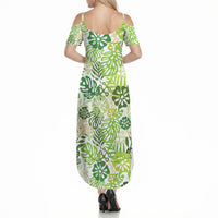 Green Aloha Hawaiian Summer Maxi Dress Monstera Hibiscus Tropical Pattern