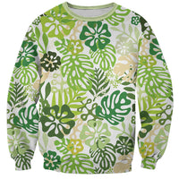 Green Aloha Hawaiian Sweatshirt Monstera Hibiscus Tropical Pattern