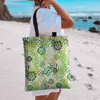 Green Aloha Hawaiian Tote Bag Monstera Hibiscus Tropical Pattern