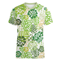 Green Aloha Hawaiian Women V-Neck T-Shirt Monstera Hibiscus Tropical Pattern