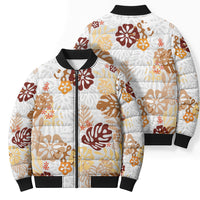 Brown Aloha Hawaiian Bomber Puffer Jacket Monstera Hibiscus Tropical Pattern