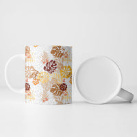 Brown Aloha Hawaiian Ceramic Mug Monstera Hibiscus Tropical Pattern
