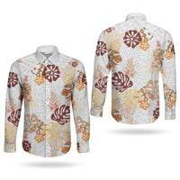 Brown Aloha Hawaiian Couples Matching Tank Maxi Dress and Long Sleeve Button Shirt Monstera Hibiscus Tropical Pattern