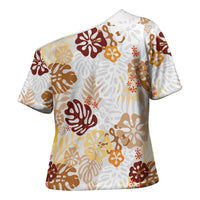 Brown Aloha Hawaiian Cross Shoulder Shirt Monstera Hibiscus Tropical Pattern