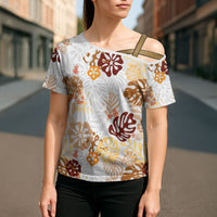Brown Aloha Hawaiian Cross Shoulder Shirt Monstera Hibiscus Tropical Pattern