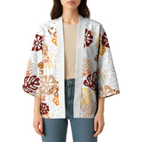 Brown Aloha Hawaiian Kimono Monstera Hibiscus Tropical Pattern
