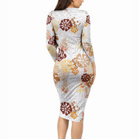 Brown Aloha Hawaiian Long Sleeve Bodycon Dress Monstera Hibiscus Tropical Pattern LT19 - Polynesian Pride