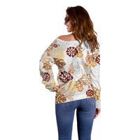 Brown Aloha Hawaiian Off Shoulder Sweater Monstera Hibiscus Tropical Pattern