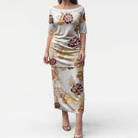 Brown Aloha Hawaiian Puletasi Monstera Hibiscus Tropical Pattern